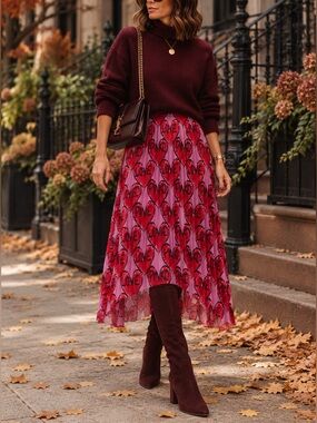 NWOT PINKO Love High-Low Plisse Pink Skirt with Red Heart Print, IT44/US8